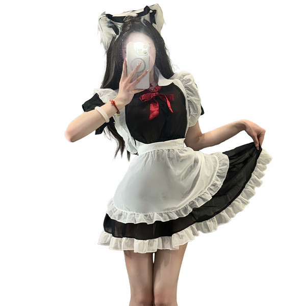 Sexy maid costume for women - seductive role play outfit with sheer lace, ties & apron set