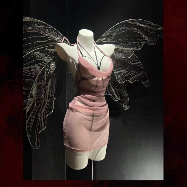 Sheer lace bodycon dress with mesh wings, inspired by chinese design. perfect for couples seeking a unique and sexy maid cost...