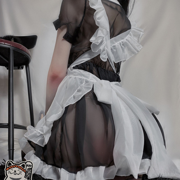 Sexy maid costume for women featuring sheer sheer lingerie with tied apron, perfect for role play uniform.