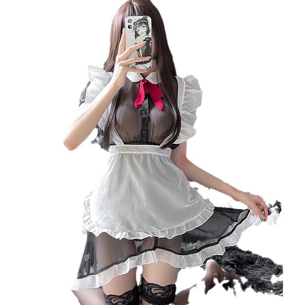 Sexy maid costume for women featuring sheer lace nurse uniform with tied apron and mesh trim, perfect for cosplay parties and...