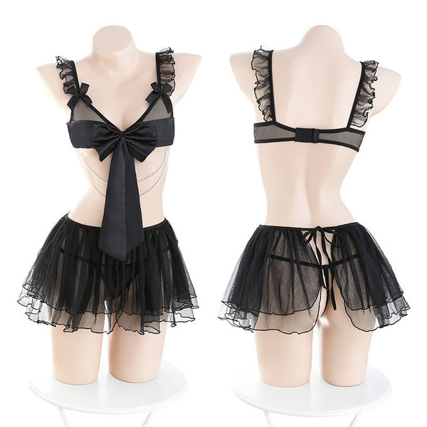 Sexy maid costume for women featuring sheer lingerie set with delicate ruffles and a bow detail, perfect for role play outfit...