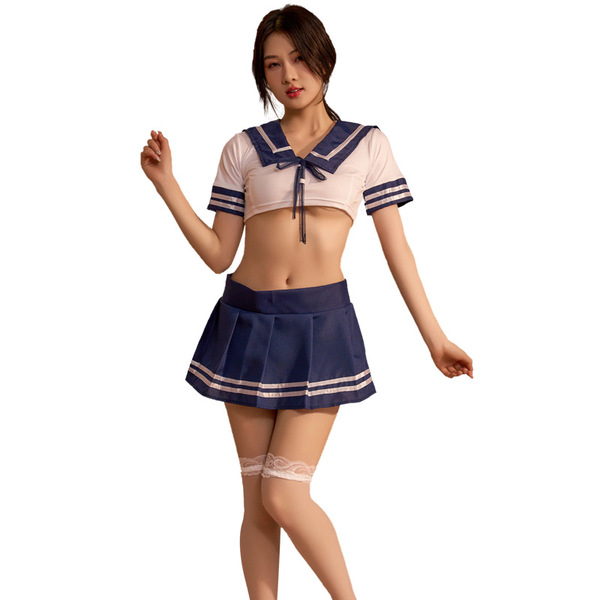 Sexy maid costume for women featuring a short navy skirt, sailor-style top with bow tie, and lace stockings, perfect for role...