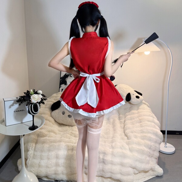 Sexy maid costume for women featuring a soft plush christmas and new year dress with an open-front design, cute and playful l...