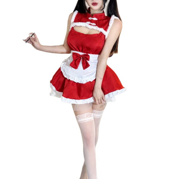 Sexy maid costume for women featuring a soft plush design, perfect for christmas and new year celebrations. includes an open-...