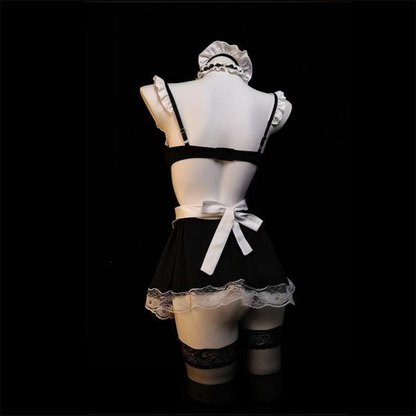 Back view of sexy maid costume set for women featuring steel-boned push-up lingerie, removable cups, flirty apron with lace t...
