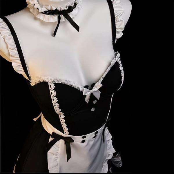Sexy maid costume set with steel-boned push-up lingerie, removable cups, and flirty apron for women.