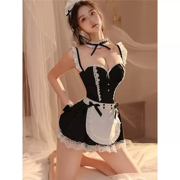 Sexy maid costume set for women featuring steel-boned push-up lingerie and playful cosplay sleepwear outfit with lace details...