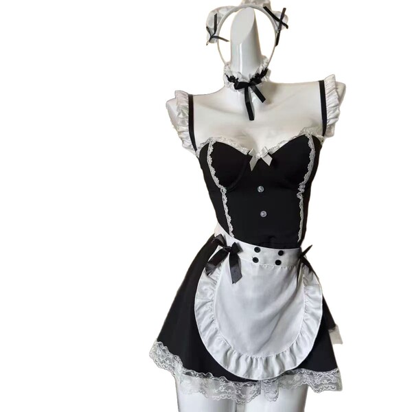 Sexy maid costume set for women featuring a black corset with lace trim, white apron, and headband, perfect for cosplay or pl...