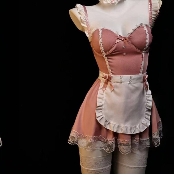 Pink steel-boned maid costume set with push-up lingerie, removable cups, and flirty apron for women.