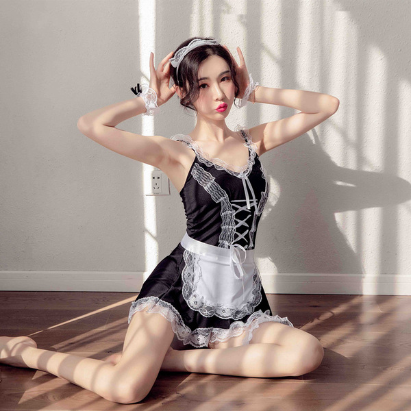 Sexy maid costume for women featuring ultra-short design with lace details and corset-style lacing, perfect for student-style...