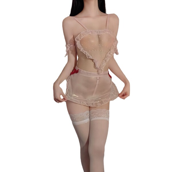 Sheer pink maid lingerie set with lace trim, backless design, and matching thigh-high stockings for women.