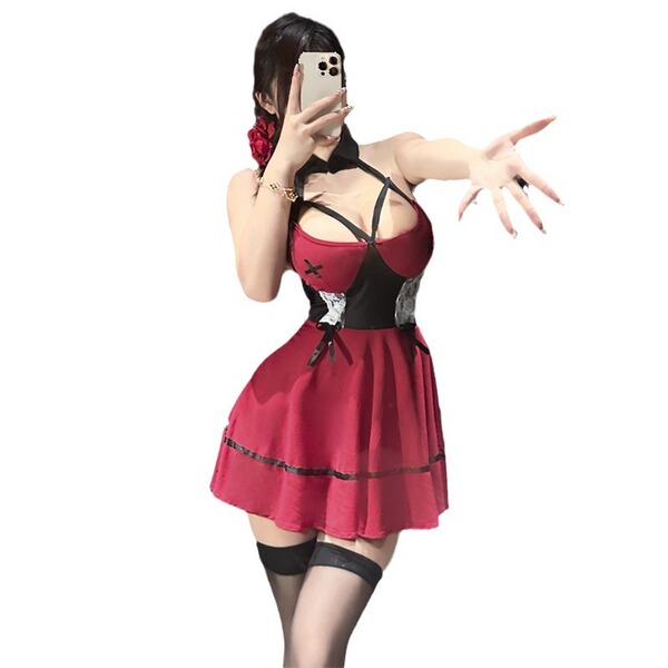 Sexy maid nurse costume for women - busty illusion lingerie set, pure temptation role play outfit featuring a red dress with ...