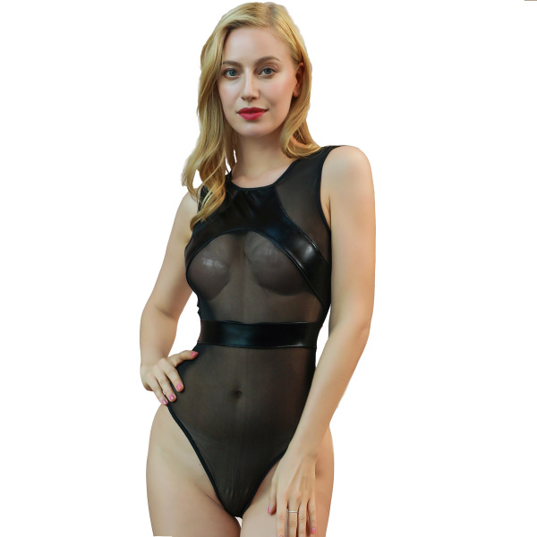 Woman wearing black mesh lace bodysuit with satin and patent leather details, sheer design, back zipper, perfect for nightclu...