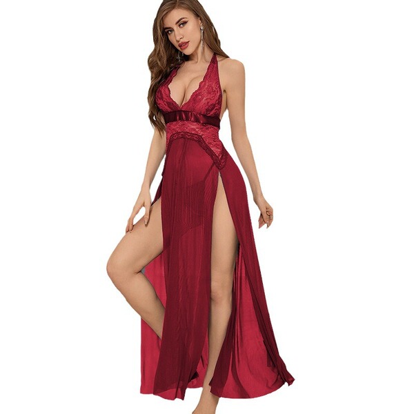 Sexy mesh split-back slip dress - elegant european-style lingerie set for women, featuring deep neckline and thigh-high slit,...
