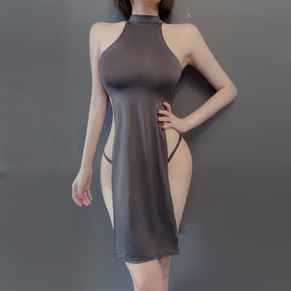 Sexy night three chinese-inspired high-slit cheongsam sleepwear featuring backless design and elegant high-slit cutouts, perf...