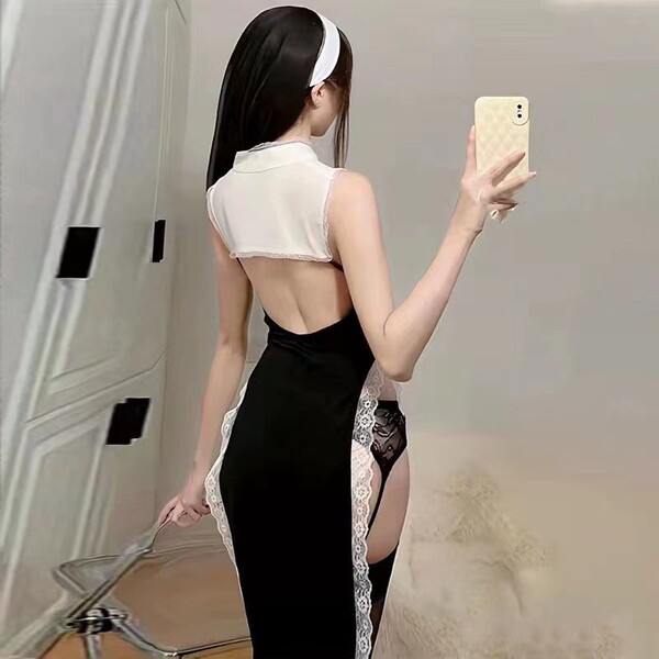 Sexy nun costume set featuring a lacy role play outfit with high slit, perfect for cosplay and adult entertainment.