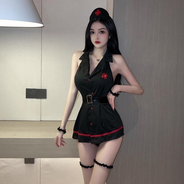 Sexy nurse costume set - black & white cosplay outfit with lingerie for role play, adult costume wholesale