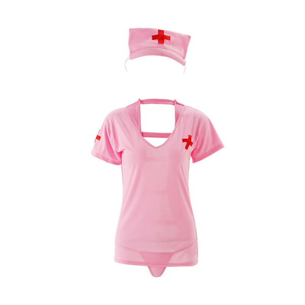 Pink nurse costume lingerie set with red cross hat, featuring lace details and open-crotch design for passionate nights.