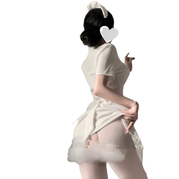 Woman in white nurse costume with bow-tie skirt, round neck top, and heart-shaped face cover.