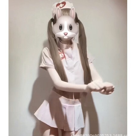 Sexy nurse costume outfit featuring a cute cat mask, playful nurse uniform, perfect for role play and adult entertainment.