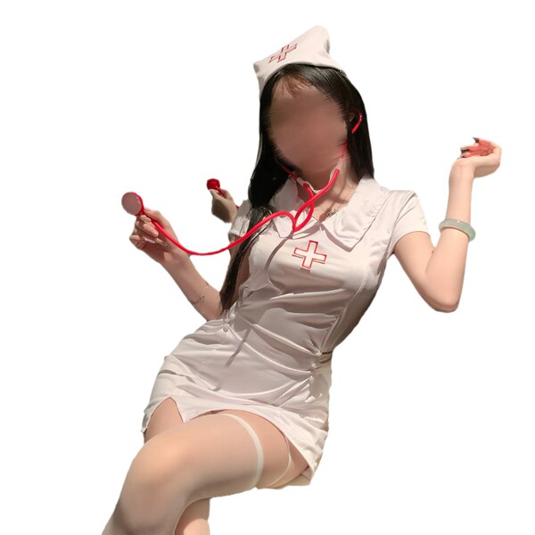 Sexy nurse costume outfit - smooth solid-color slit dress uniform for role play & cosplay