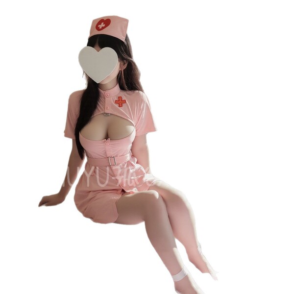 Woman in pink nurse costume with lace-up lingerie, heart hat, and white stockings. sexy nurse costume set for couples bedroom...