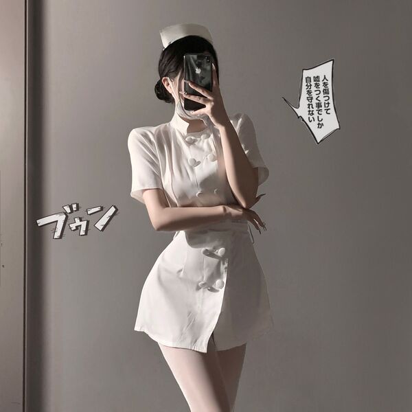 Sexy nurse costume set featuring a seductive white outfit with a bow-tie skirt and round neck design, perfect for themed even...