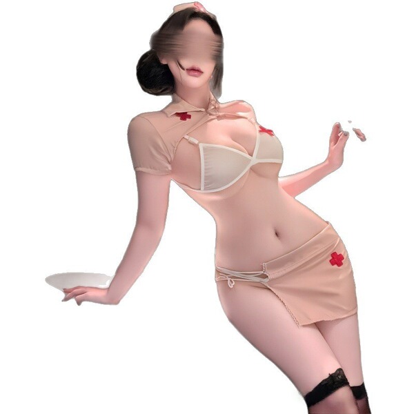 Sexy nurse costume set with sheer lace, side-tie details, and no-remove design for women’s role play sleepwear.
