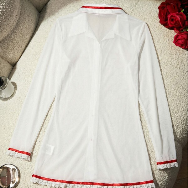 Sheer white nurse costume sleepwear with red lace trim, long sleeves, and matching thong set for women.