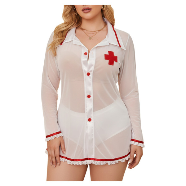 Sheer nurse costume sleepwear with lace trim, red cross detail, and matching thong set for women.