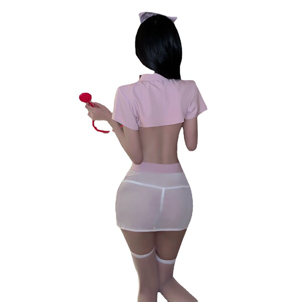 Woman in pink nurse costume with sheer mesh skirt, holding red stethoscope, back view.
