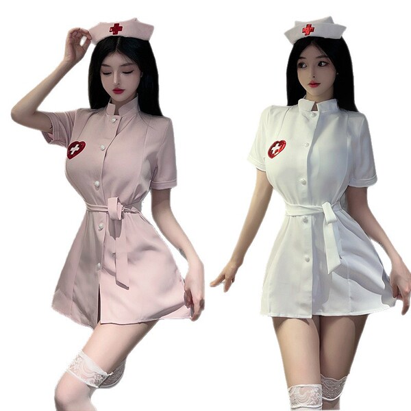 Sexy nurse costume for women in pink and white, featuring seductive forbidden style lingerie set perfect for couples role pla...