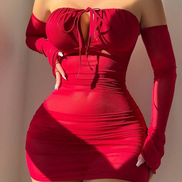 Sexy off-shoulder backless bodycon dress with ruffled tie-straps and flared sleeves, perfect for bold fashion statements.