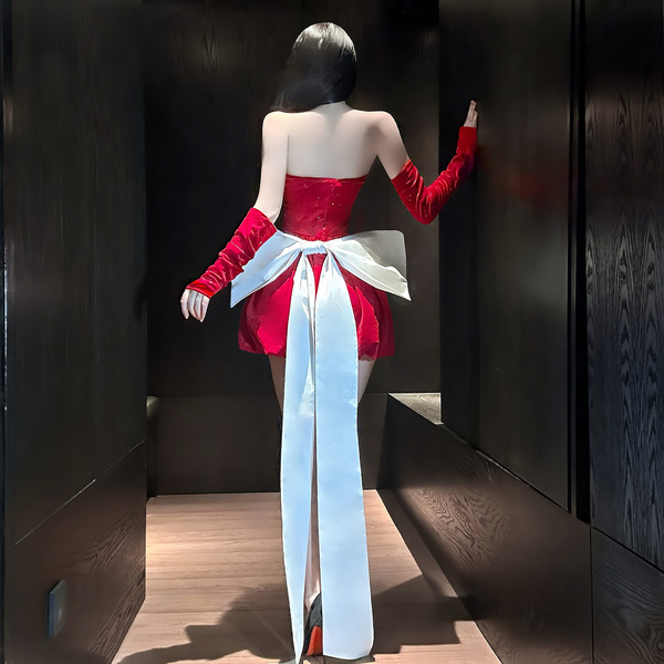 Sexy off-shoulder bow dress with a sparkling mini skirt, perfect for new year celebrations. princess-inspired design features...