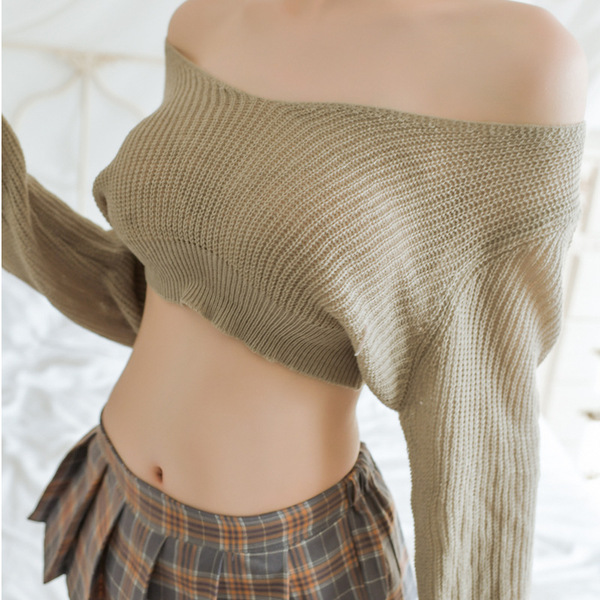 Sexy off-shoulder lace bralette set with plaid skirt, stylish and seductive student uniform-inspired lingerie outfit.