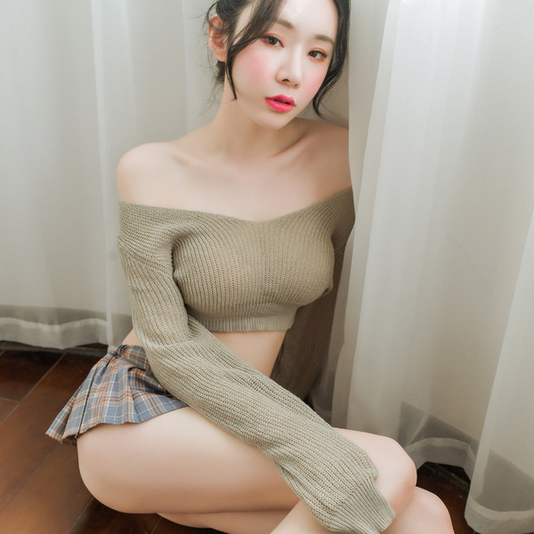 Sexy off-shoulder lace bralette set with plaid skirt, seductive student uniform style lingerie outfit.