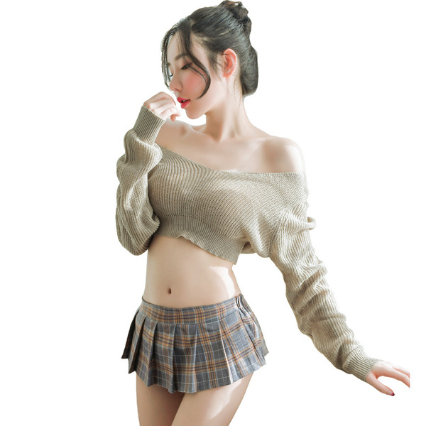 Sexy off-shoulder lace bralette set with plaid skirt, seductive student uniform style lingerie outfit.