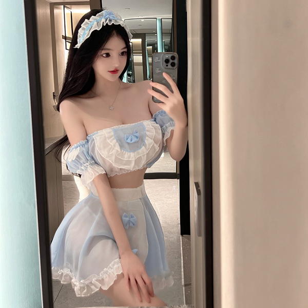 Sexy off-shoulder maid costume with ruffled details, perfect for role play and intimate nights.