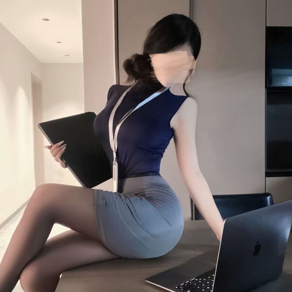 Woman in sexy office secretary costume set with sleeveless sheath dress, holding laptop, showcasing seductive ol uniform desi...
