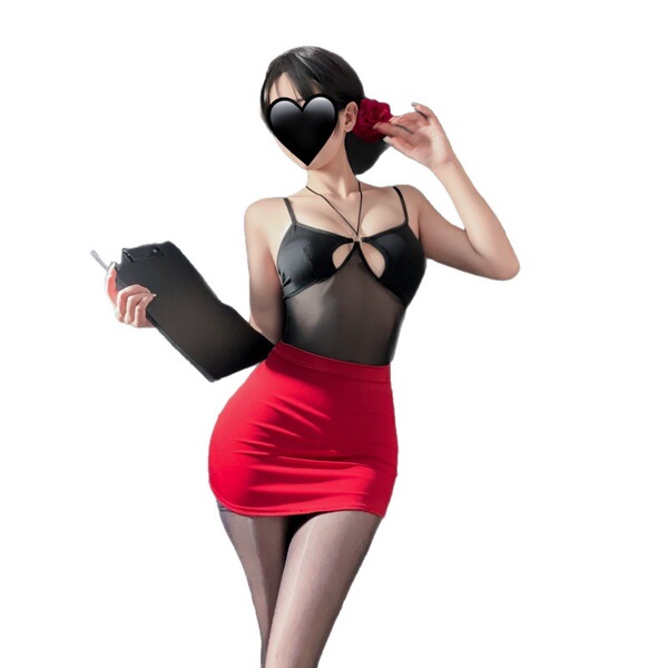 Woman in sexy ol secretary costume with black stockings, red bodycon skirt, and pure-allure lingerie top holding a clipboard.