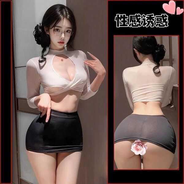 Woman modeling a sexy ol secretary costume lingerie set, featuring a white cutout top and black bodycon mini skirt.