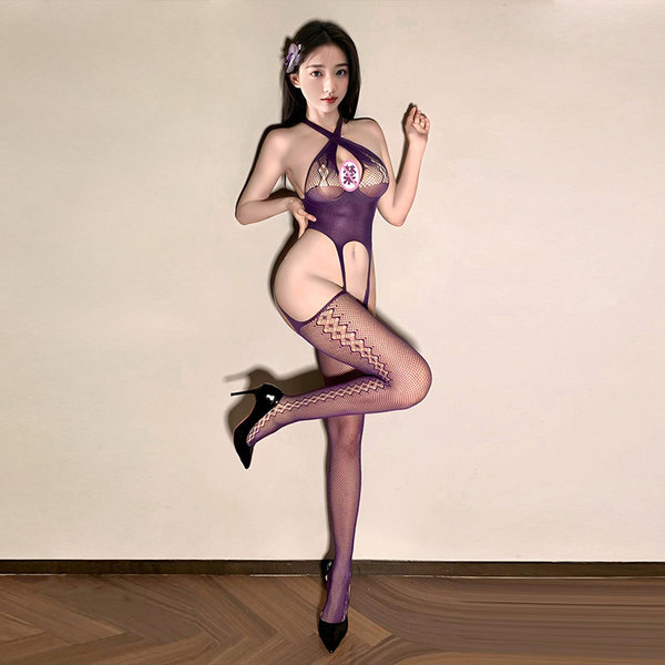 Sexy open-crotch stocking bodysuit featuring black mesh lace design, perfect for women seeking stylish and revealing sheer li...