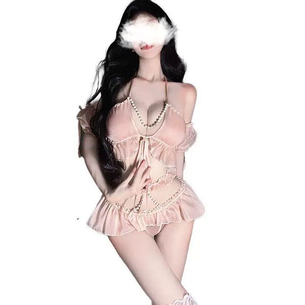 Sexy pink maid costume set with pearl-embellished strapless bodycon dress and ruffled lingerie outfit for women.