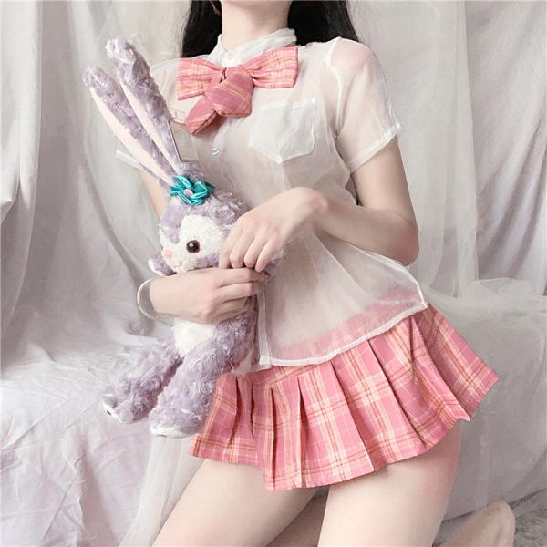 Sheer schoolgirl uniform set with pink plaid pleated skirt, bow tie, and white blouse - sexy jk dress style.
