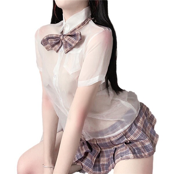 Sheer white blouse with plaid bow tie and pleated skirt set, styled as a seductive schoolgirl uniform.