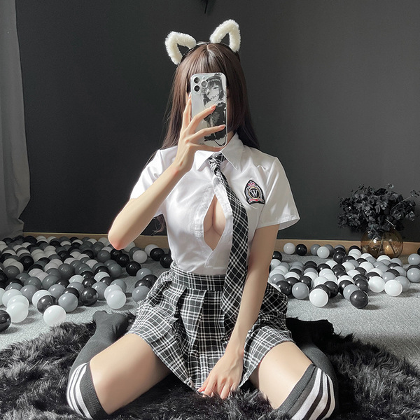 Sexy plaid student uniform set - seductive jk style pleated skirt with open-crotch design, pure & tempting outfit