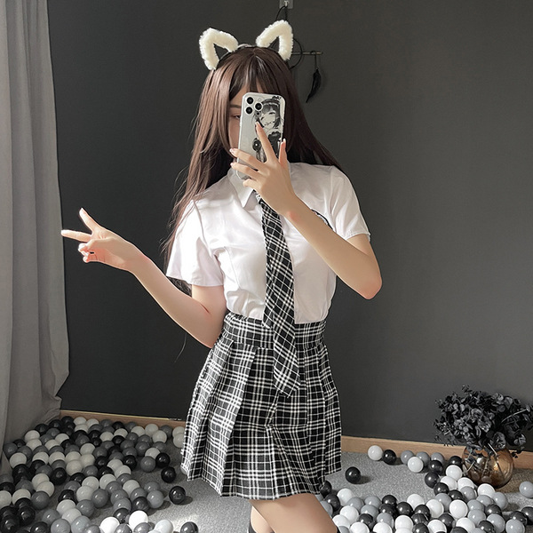 Sexy plaid student uniform set - seductive jk style pleated skirt with open-crotch design, pure & tempting outfit