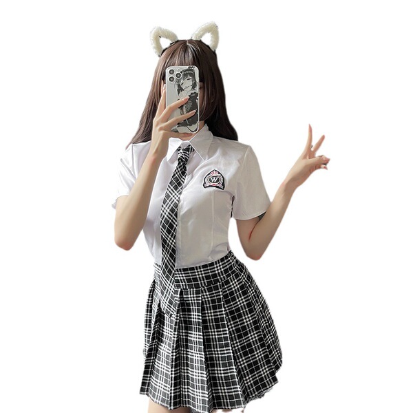 Sexy plaid student uniform set - seductive jk style pleated skirt with open-crotch design, pure & tempting outfit
