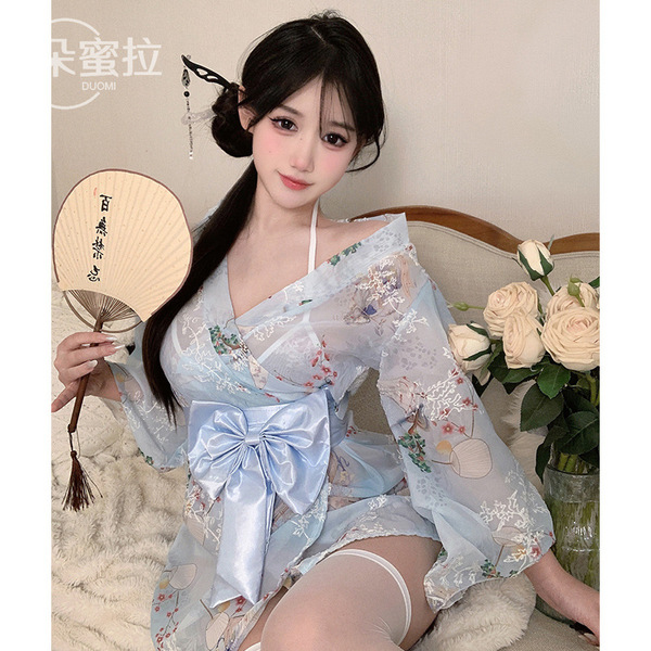 Sexy plus size japanese kimono sleepwear set - flirty lingerie outfit for bedroom romance & role play, featuring delicate flo...