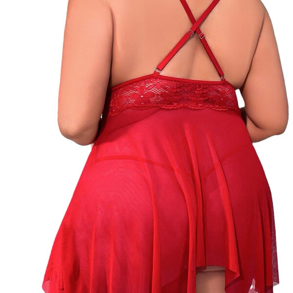 Back view of a red plus size lace sleep dress with halter straps and sheer skirt.